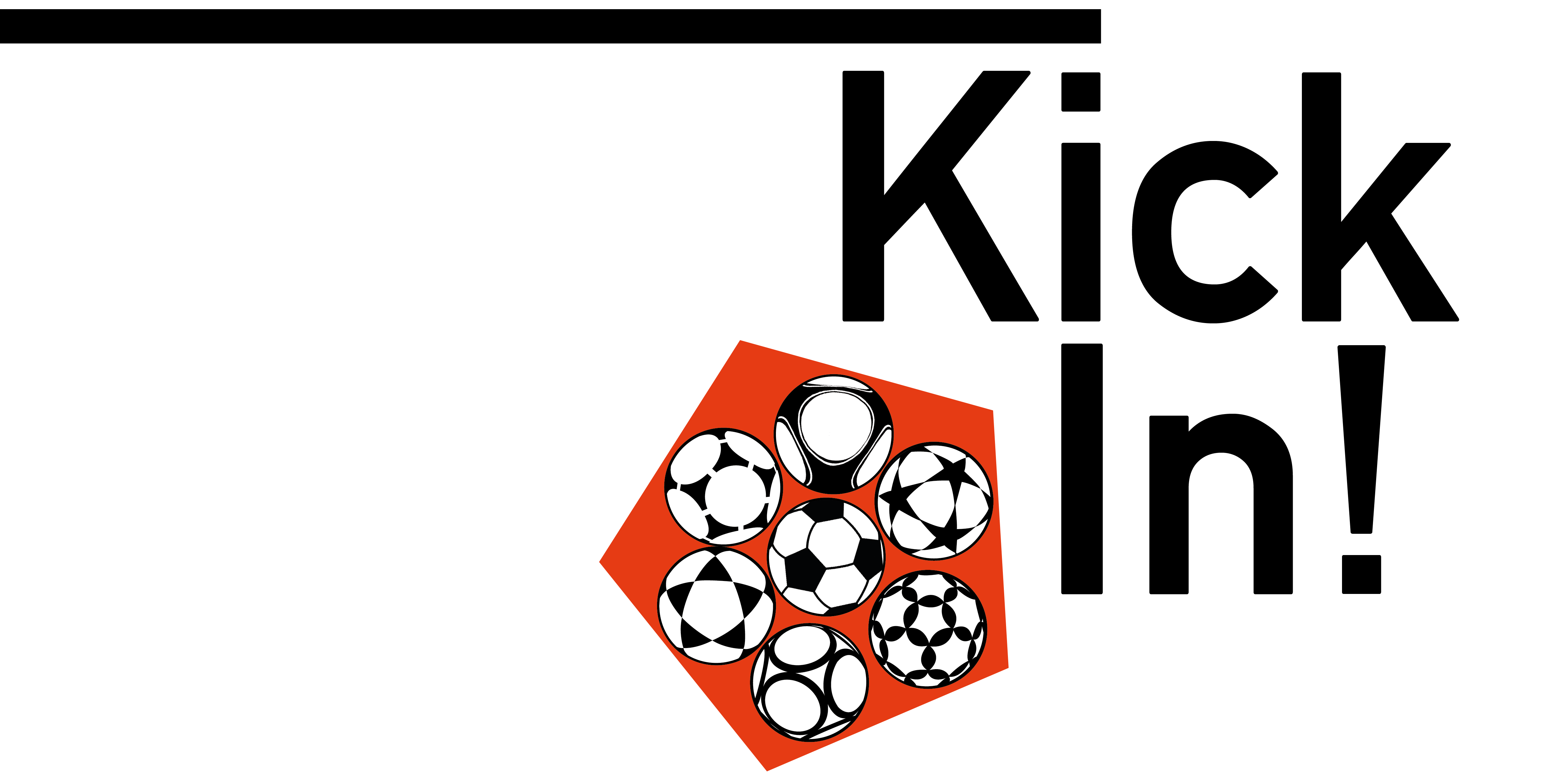 Logo von KickIn! – ein schwarzer horizontaler Stich, am rechten Ende darunter der Schriftzug KickIn! in zwei Zeilen, links daneben ein rotes Fünfeck mit 7 verschiedenen Fußbällen in schwarz-weiß, darunter der Schriftzug „Beratungsstelle Inklusion im Fußball, ein Projekt der BBAG“