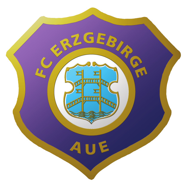 Das Wappen von Erzgebirge Aue: Ein Schild mit goldenem Rand, violettem Hintergrund und FC Erzgebirge Aue-Schriftzug in Gold sowie das integrierte Stadtwappen von Aue.