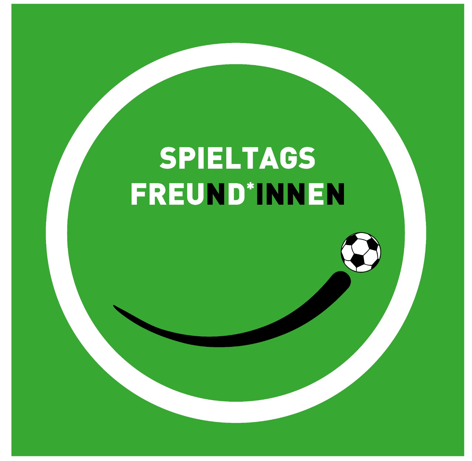 Logo Spieltagsfreund*innen. Weißer Smiley mit schwarzem Mund und Fußball auf grünen Hintergrund.