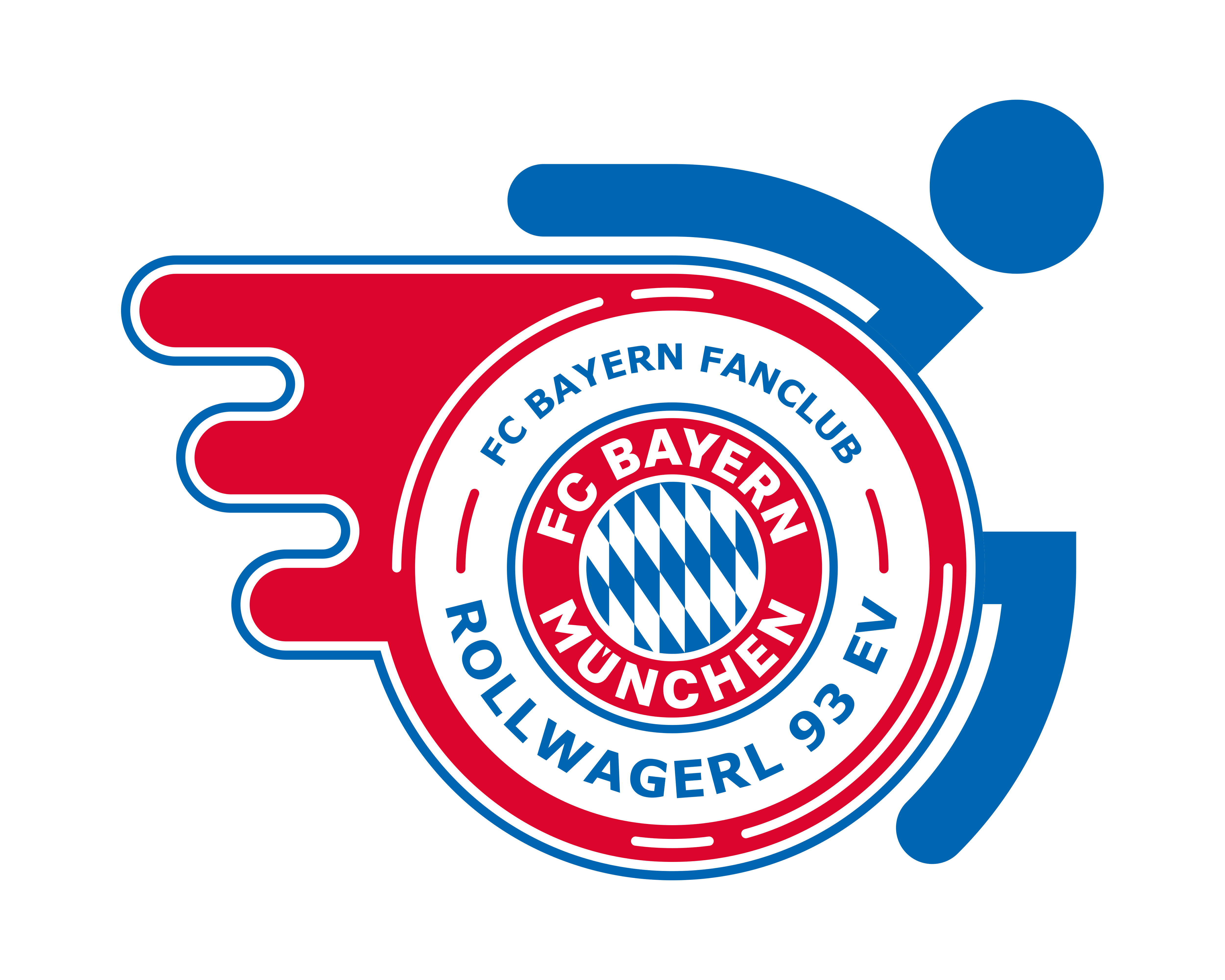 Ein Rollstuhl, der an seinem Rad das rot-weiß-blaue FC Bayern-Logo trägt. Die weiß-blauen Rauten werden von einem roten Ring umschlossen, der den Schriftzug FC Bayern München trägt.