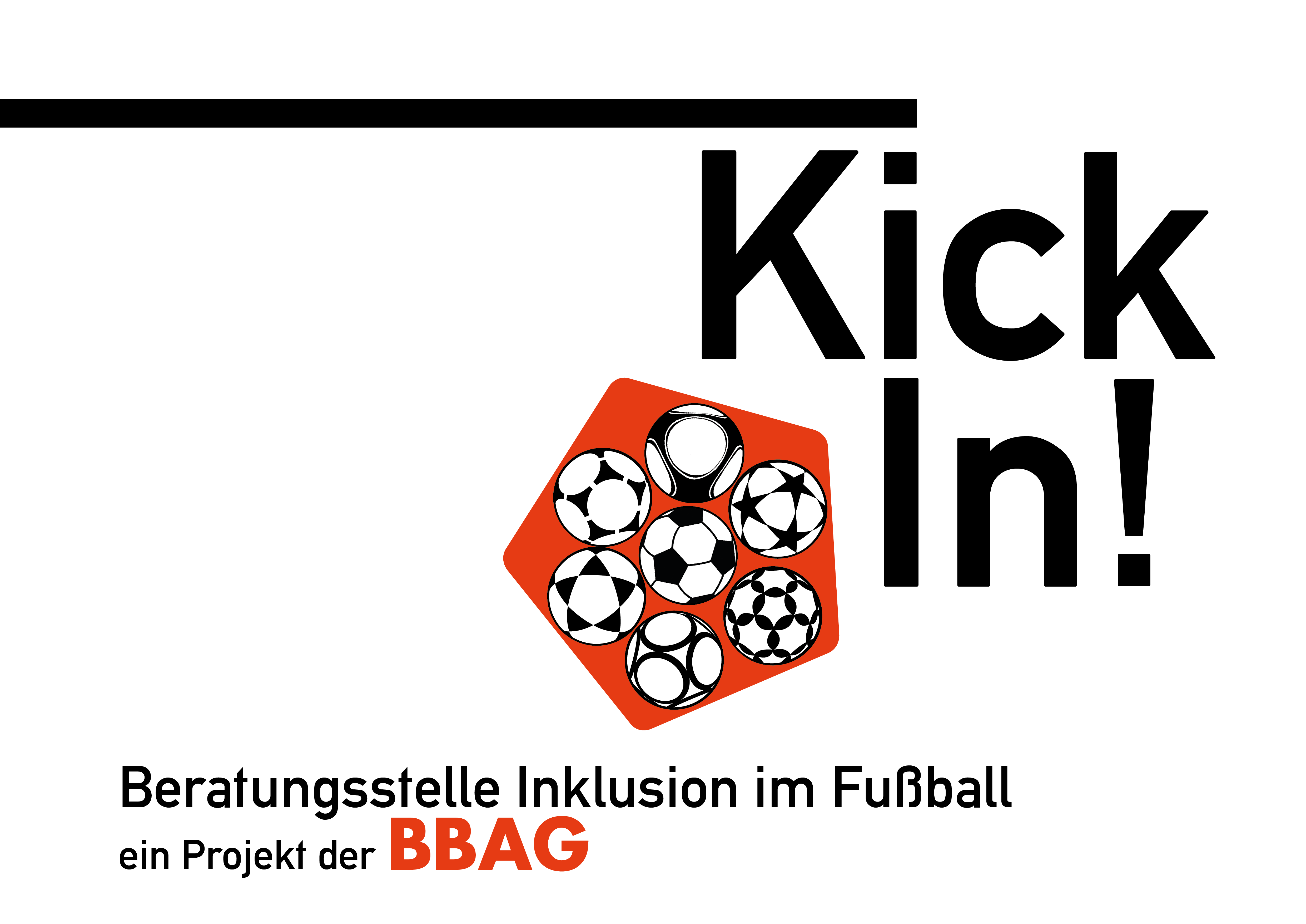 Schwarzes KickIn!-Logo auf weißem Hintergrund mit orangenen Fußbällen.