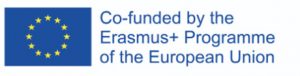 Die Europaflagge besteht aus einem Kranz von zwölf goldenen Sternen auf blauem Hintergrund. Links: Blauer "Co-funded by the Erasmus+ Programme of the European Union"-Schriftzug.