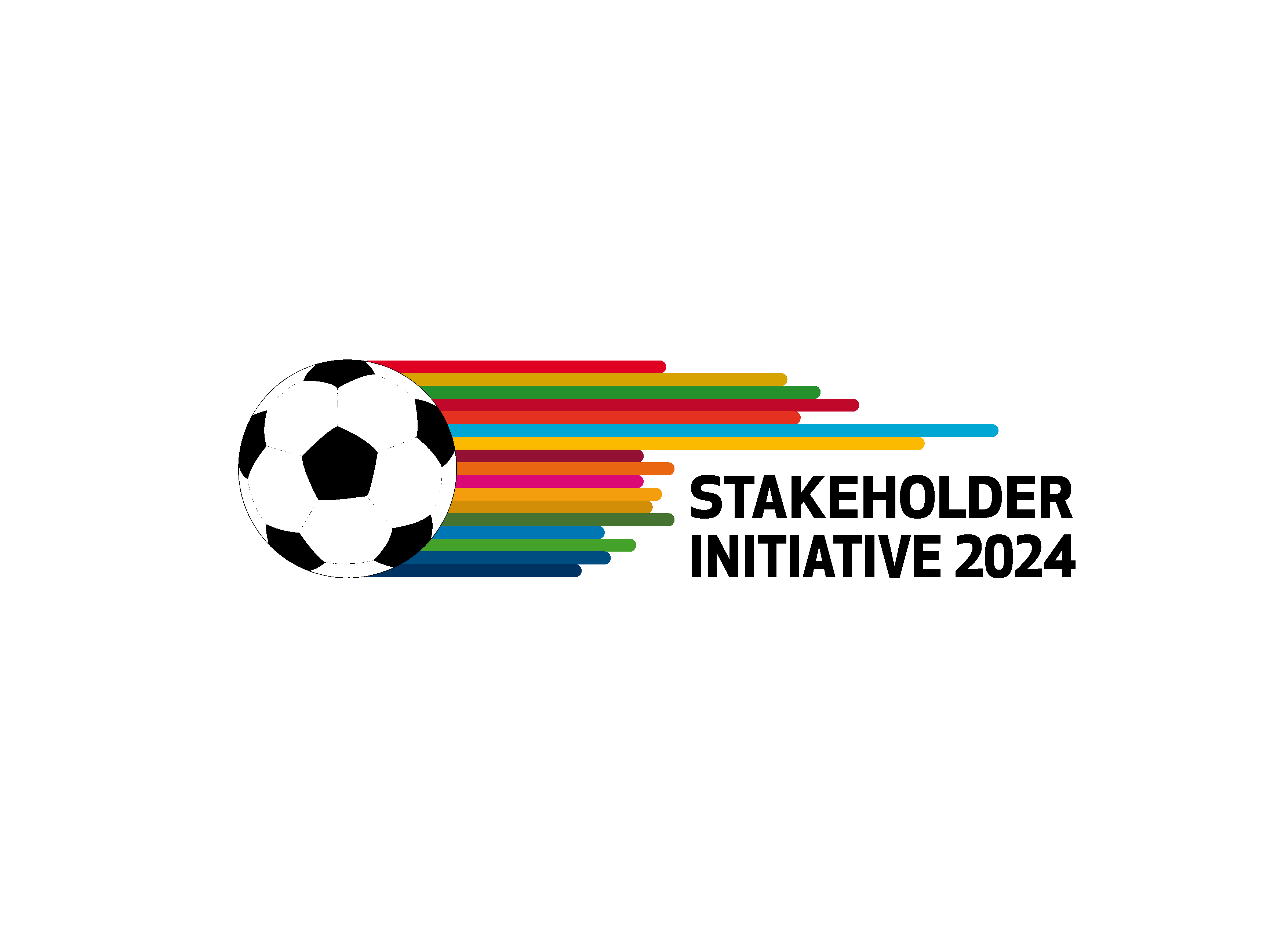 Ein Fußball, der einen Regenbogen hinter sich lässt und damit seine Flugrichtung Preis gibt. Dazu ein „Stakeholder Initiative 2024“-Schriftzug.