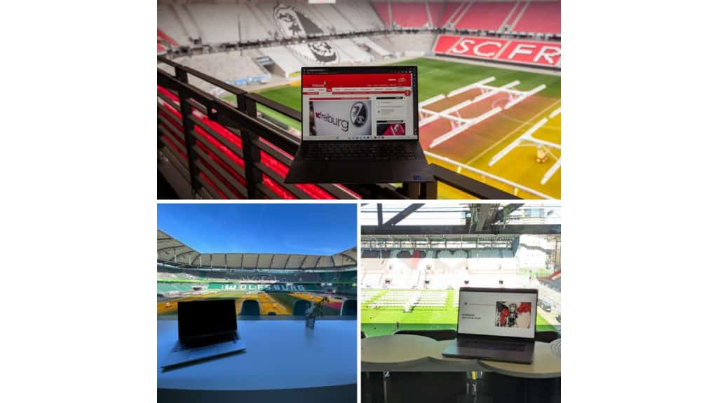 Drei Fotos mit einem Laptop auf dem Bild und im Hintergrund sind Fußballfelder zu erkennen.