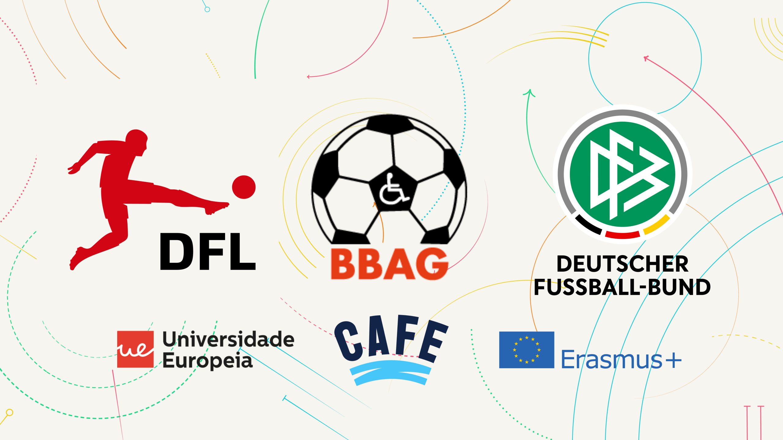 Grafik mit 6 Logos: Oben die Logos von DFL, BBAG und DFB. Darunter die Logos der Universidade Europeia sowie von CAFE und Erasmus+.