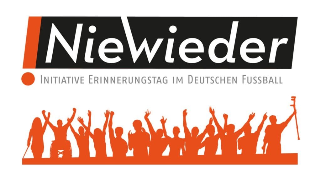 Logo NieWieder Initiative Erinnerungstag im deutschen Fussball und darunter die Sillouette von ganz vielen Menschen